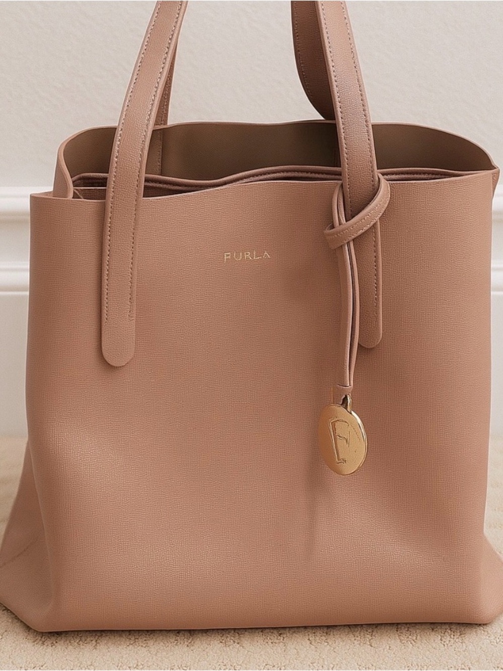 Furla Pink Leather Tote Bag Structured Medium Shopper